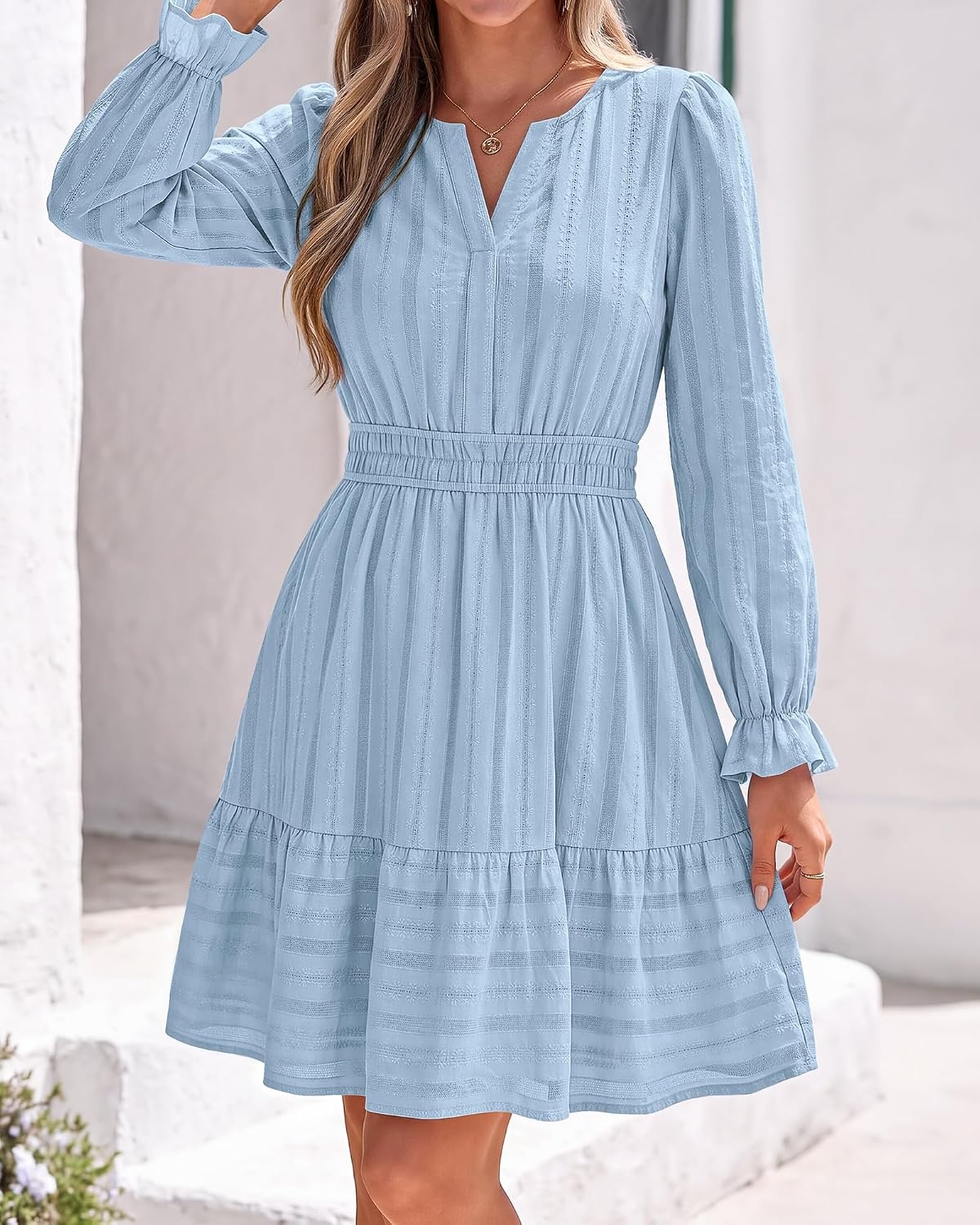 image:imageBTFBM Women Long Sleeve Flowy A Line Mini Fall DressLight Blue