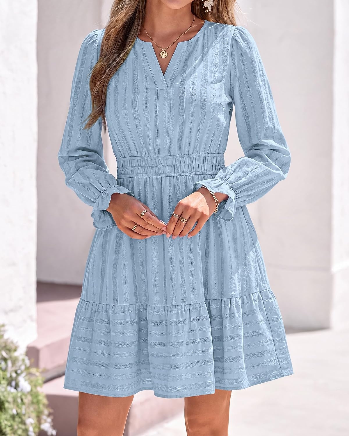 image:imageBTFBM Women Long Sleeve Flowy A Line Mini Fall DressLight Blue