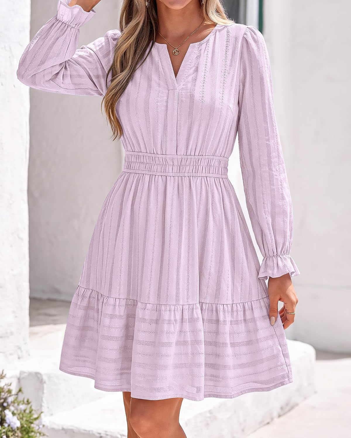 image:imageBTFBM Women Long Sleeve Flowy A Line Mini Fall DressLight Purple