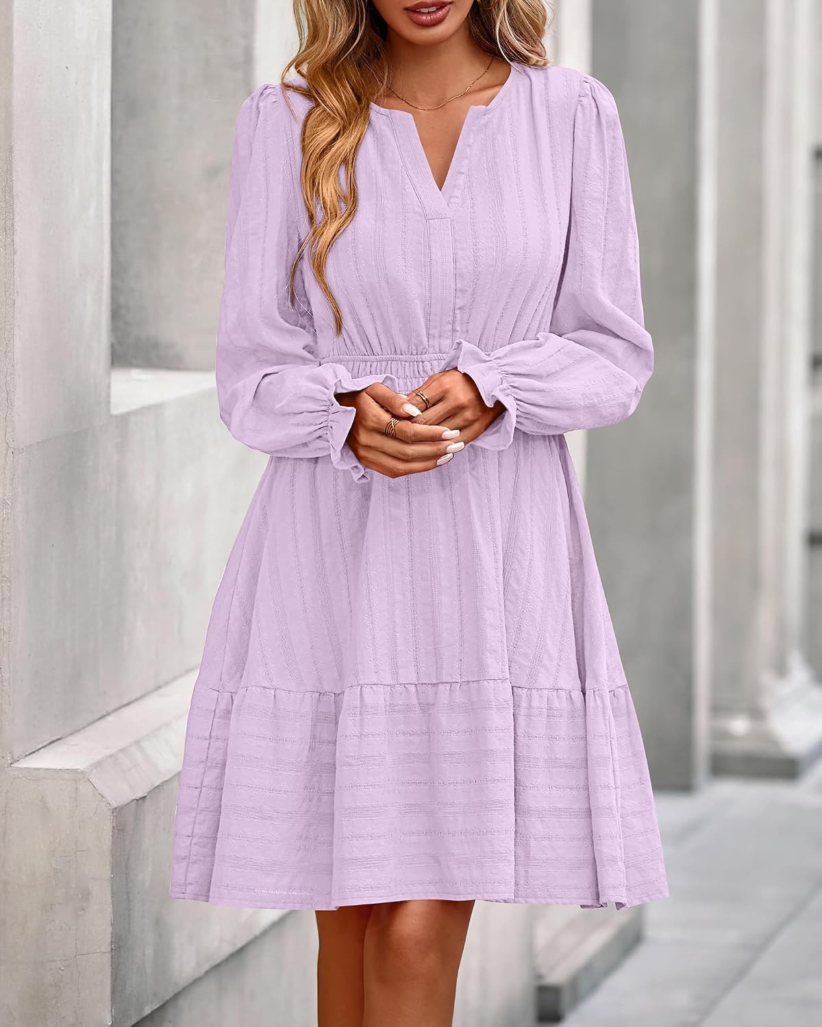 image:imageBTFBM Women Long Sleeve Flowy A Line Mini Fall DressLight Purple