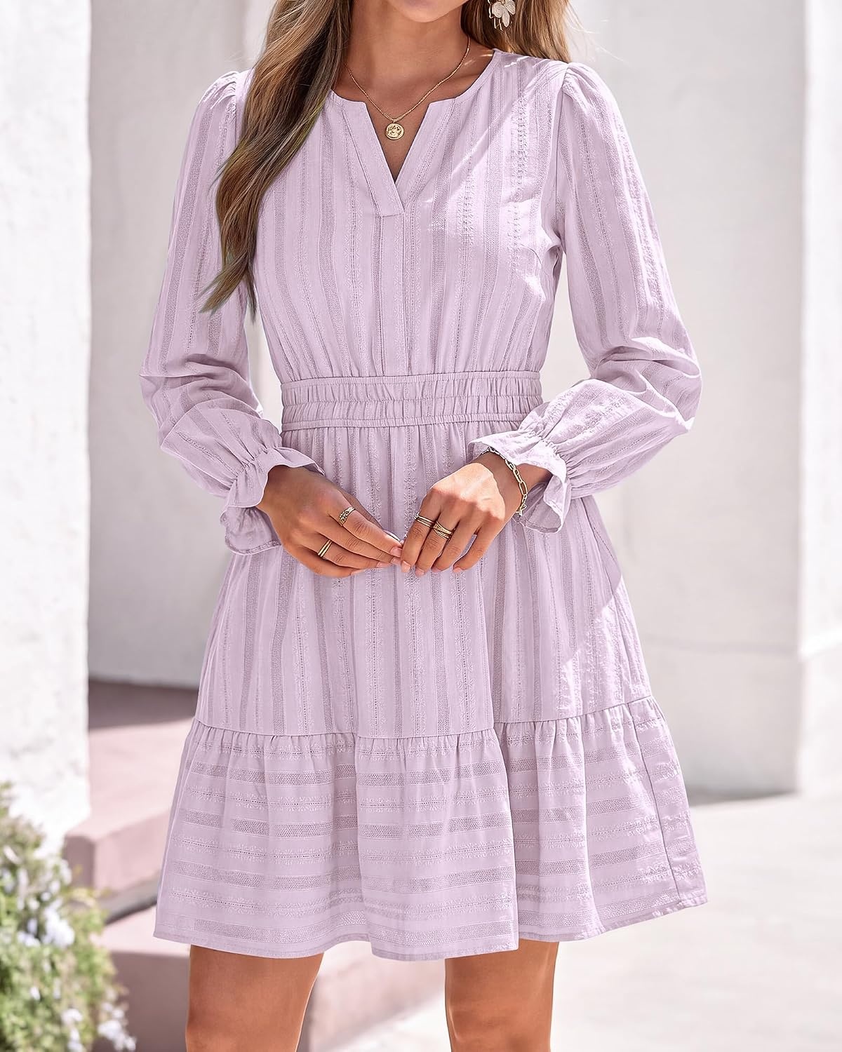 image:imageBTFBM Women Long Sleeve Flowy A Line Mini Fall DressLight Purple