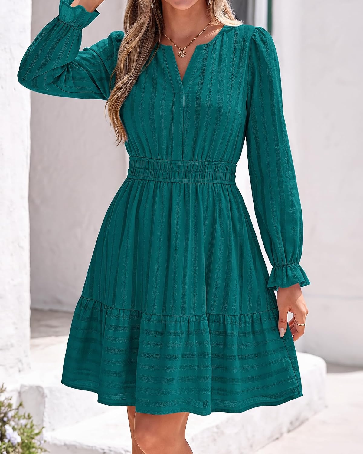 image:imageBTFBM Women Long Sleeve Flowy A Line Mini Fall DressMalachite Green