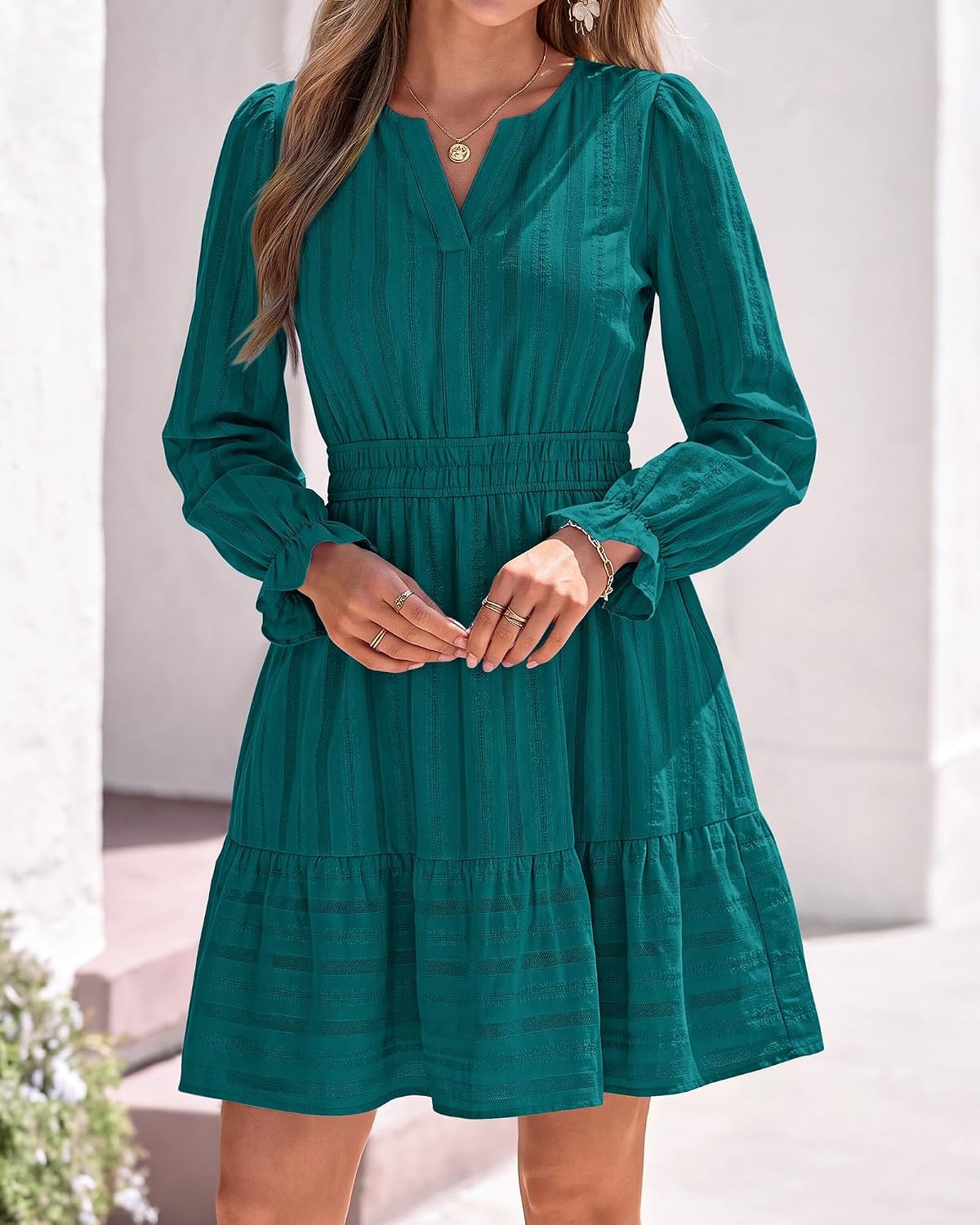 image:imageBTFBM Women Long Sleeve Flowy A Line Mini Fall DressMalachite Green