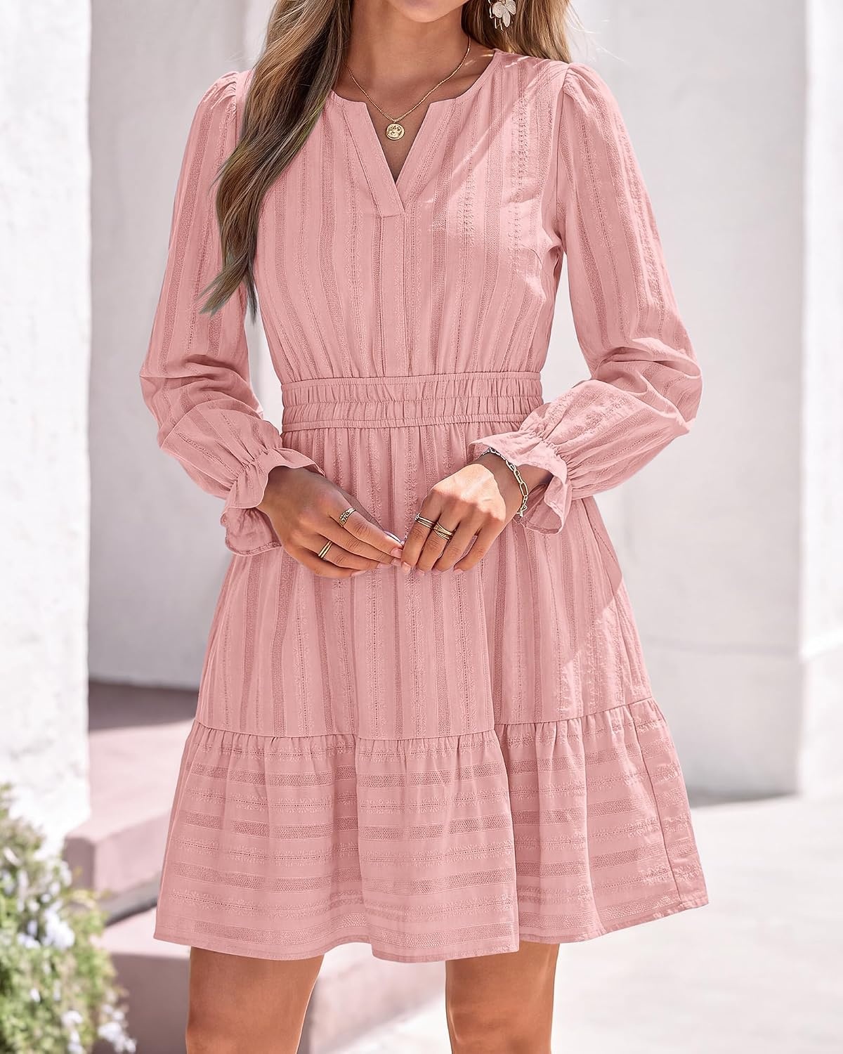 image:imageBTFBM Women Long Sleeve Flowy A Line Mini Fall DressPink