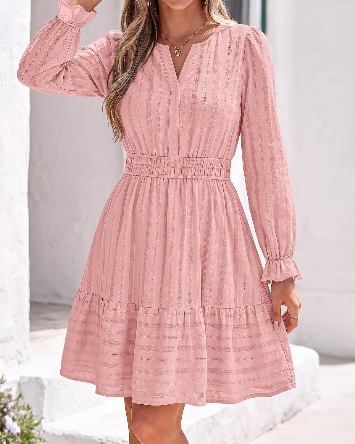 image:imageBTFBM Women Long Sleeve Flowy A Line Mini Fall DressPink