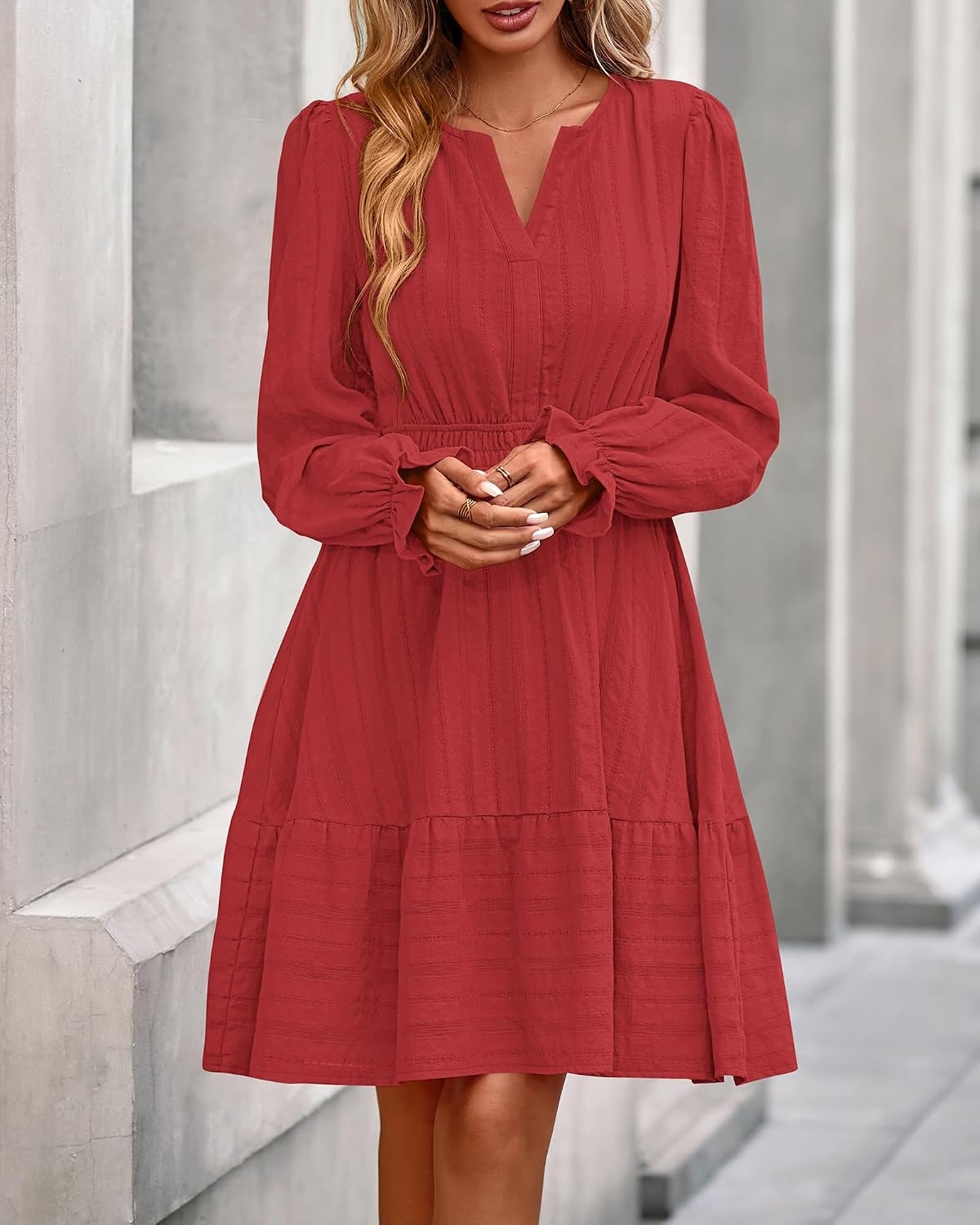 image:imageBTFBM Women Long Sleeve Flowy A Line Mini Fall DressRed