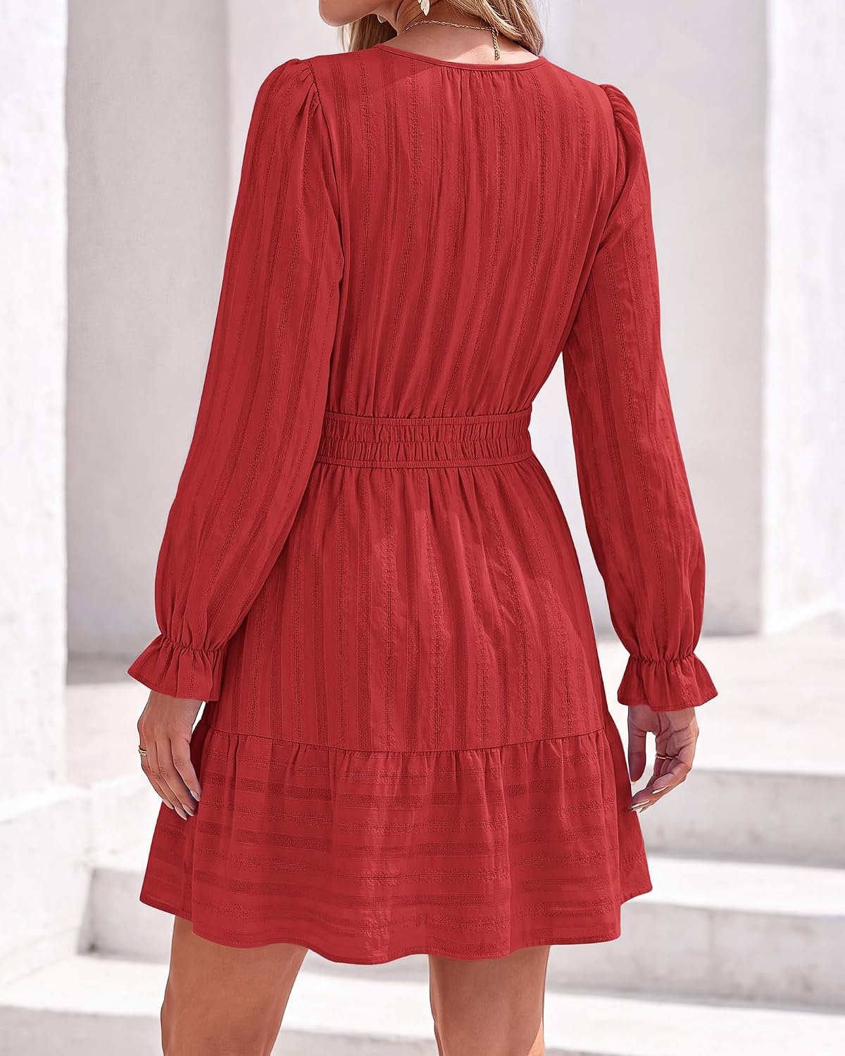 image:imageBTFBM Women Long Sleeve Flowy A Line Mini Fall DressRed
