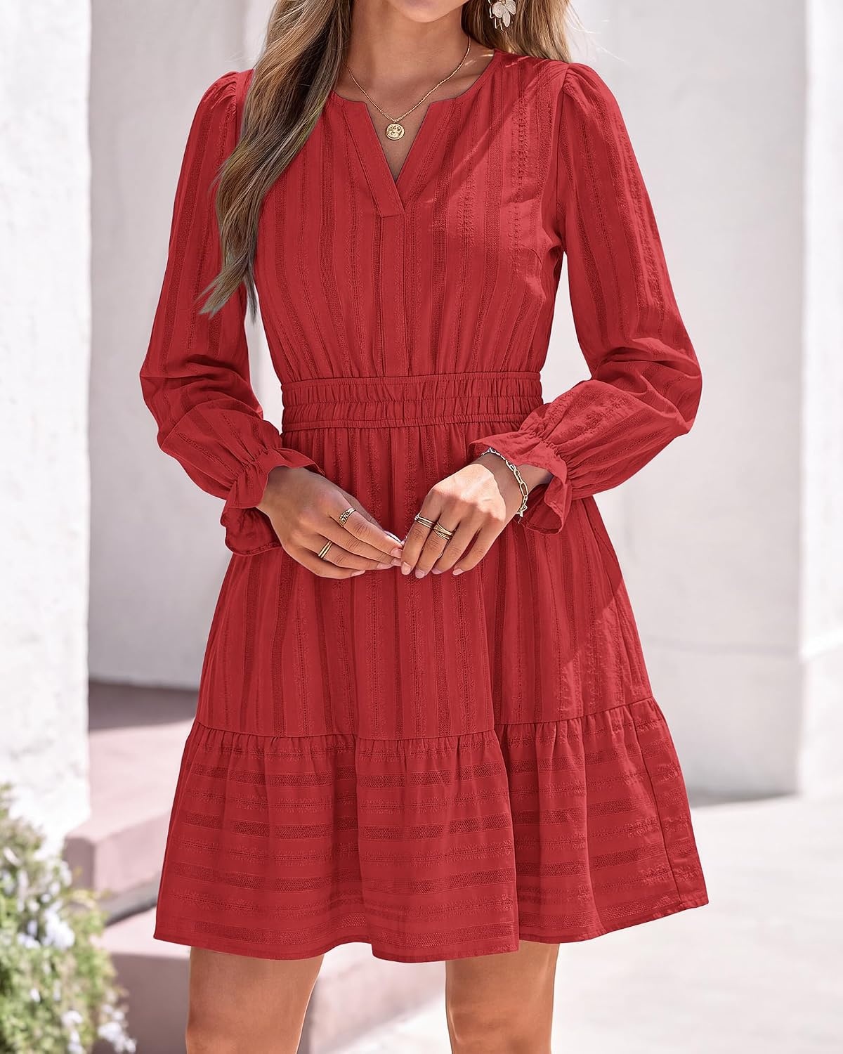 image:imageBTFBM Women Long Sleeve Flowy A Line Mini Fall DressRed
