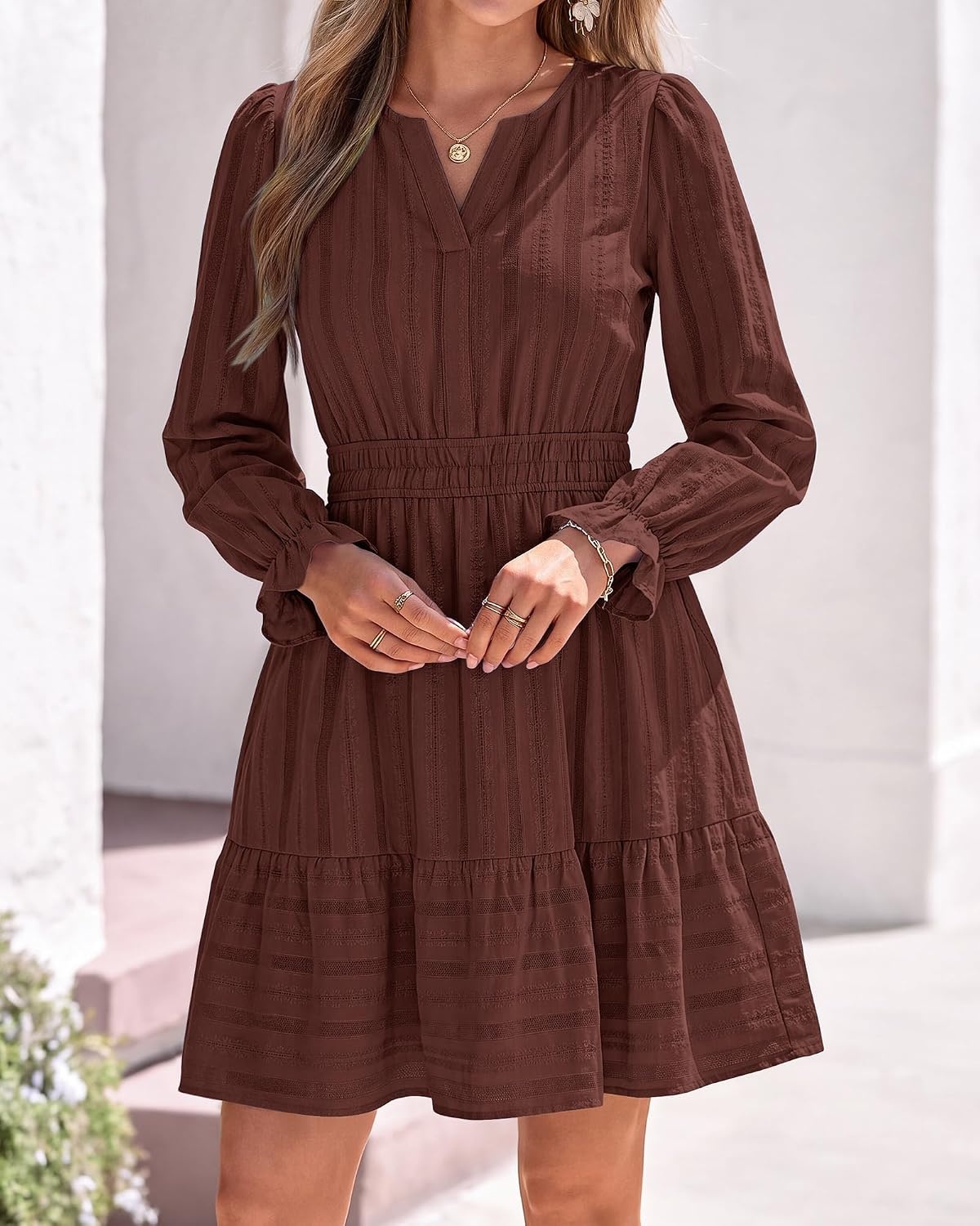 image:imageBTFBM Women Long Sleeve Flowy A Line Mini Fall DressRed Brown