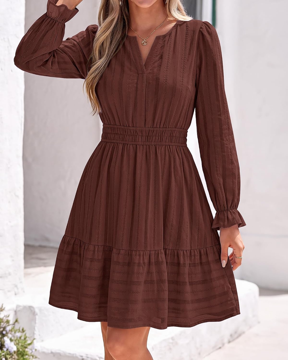 image:imageBTFBM Women Long Sleeve Flowy A Line Mini Fall DressRed Brown