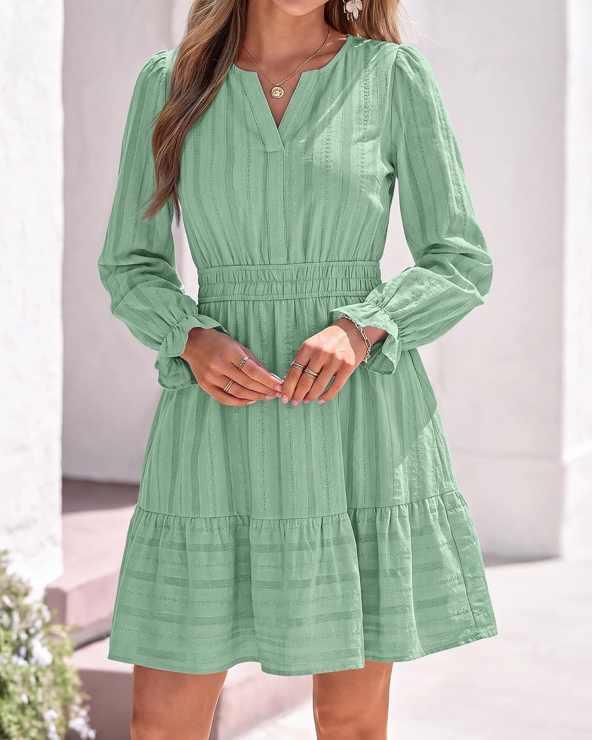 image:imageBTFBM Women Long Sleeve Flowy A Line Mini Fall DressSage Green