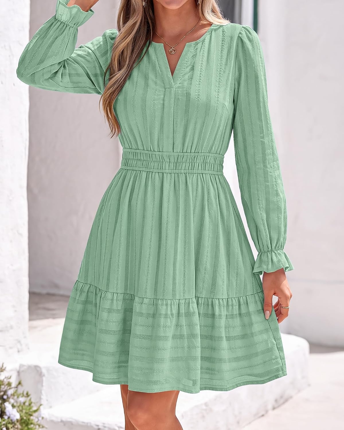 image:imageBTFBM Women Long Sleeve Flowy A Line Mini Fall DressSage Green
