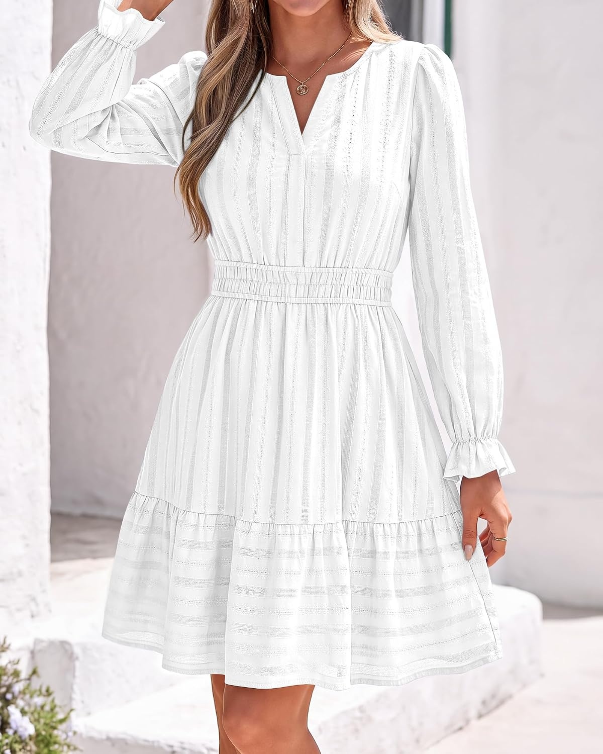 image:imageBTFBM Women Long Sleeve Flowy A Line Mini Fall DressWhite