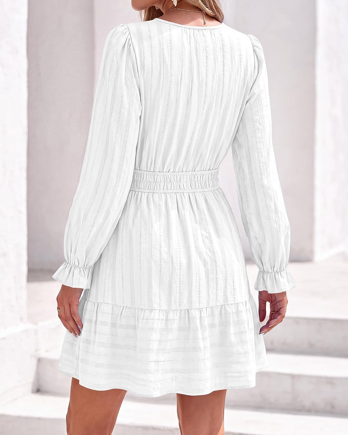 image:imageBTFBM Women Long Sleeve Flowy A Line Mini Fall DressWhite