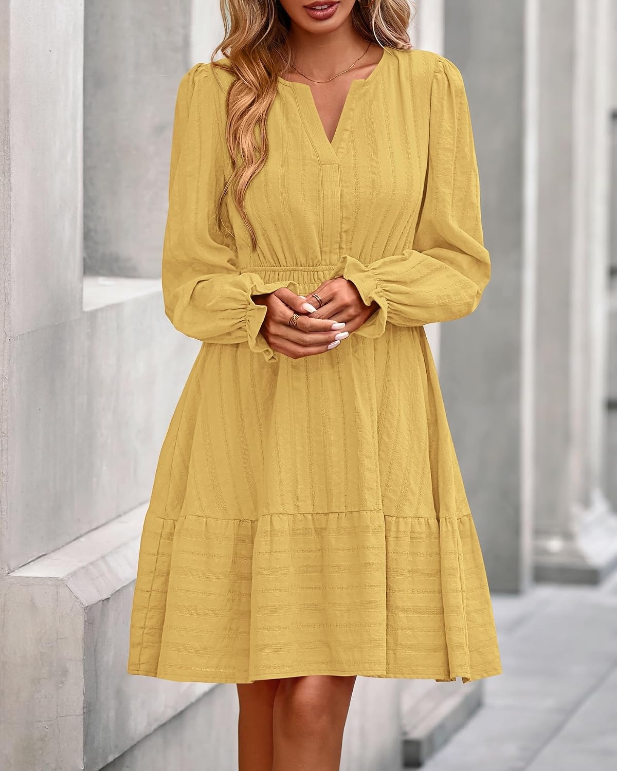 image:imageBTFBM Women Long Sleeve Flowy A Line Mini Fall DressYellow