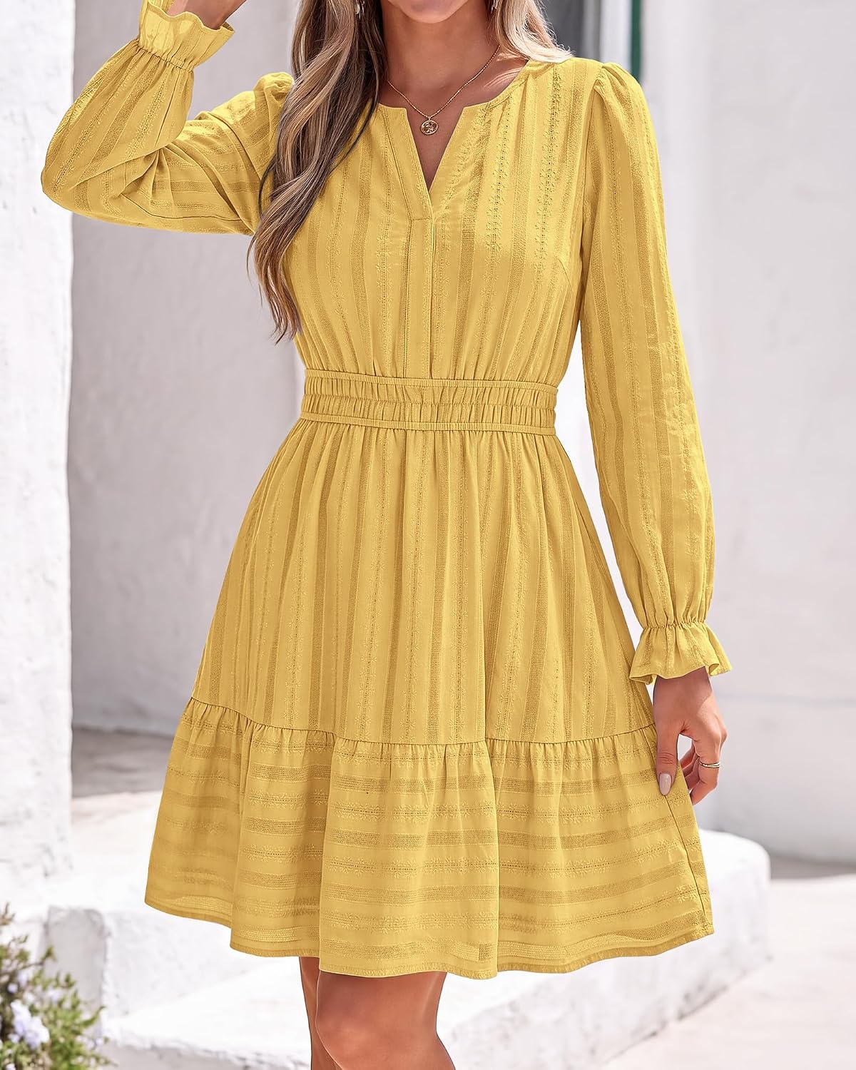 image:imageBTFBM Women Long Sleeve Flowy A Line Mini Fall DressYellow