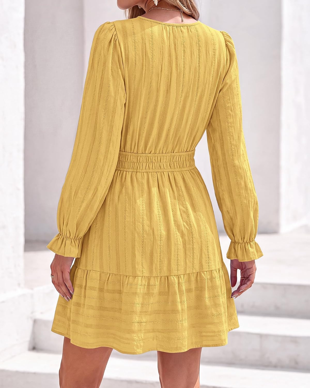 image:imageBTFBM Women Long Sleeve Flowy A Line Mini Fall DressYellow