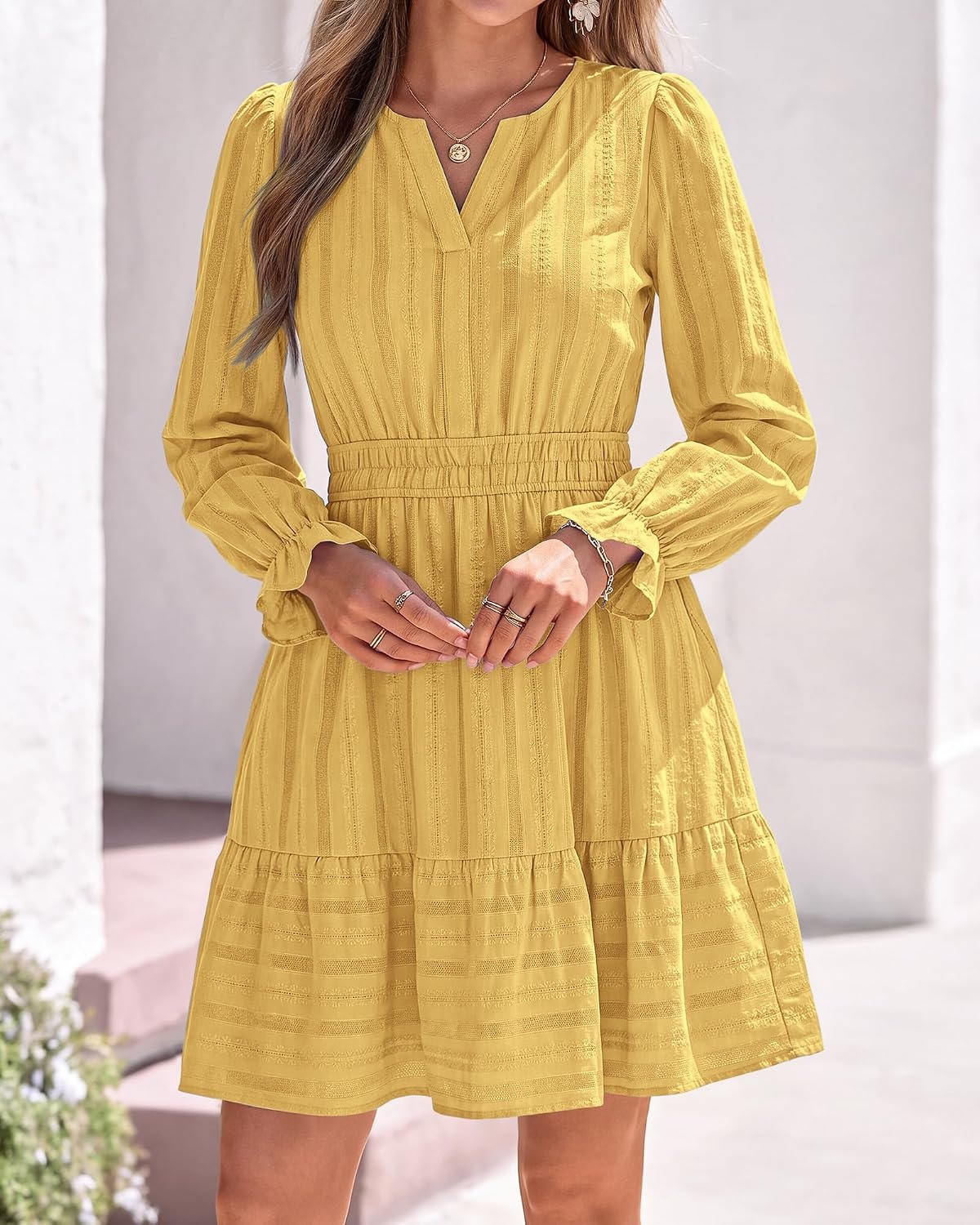 image:imageBTFBM Women Long Sleeve Flowy A Line Mini Fall DressYellow