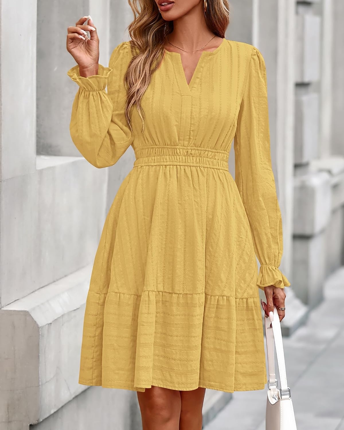image:imageBTFBM Women Long Sleeve Flowy A Line Mini Fall DressYellow