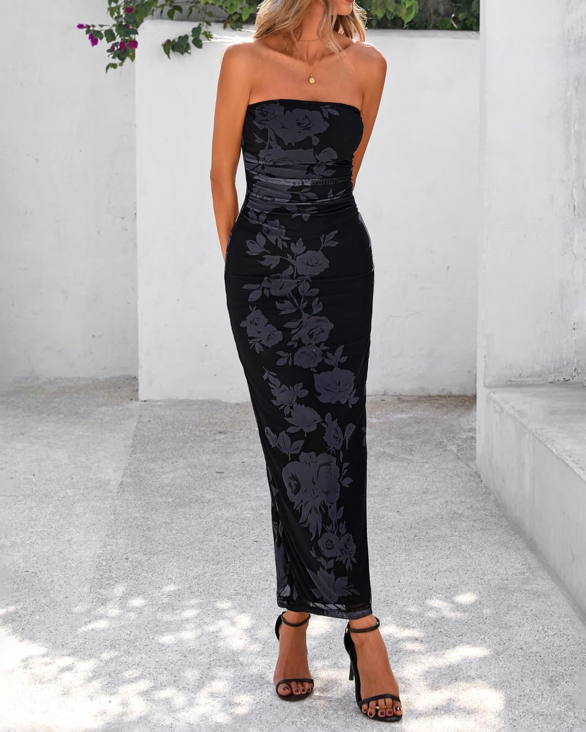 image:imageBTFBM Women Summer Strapless Maxi Dress 2026 Bodycon Floral Long Wedding Guest Dress Formal Tube Mesh Cocktail DressesFloral Black