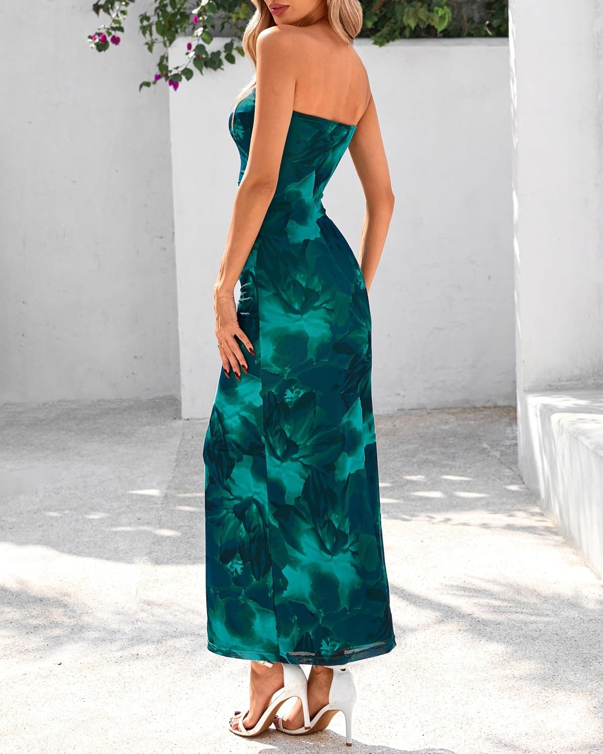 image:imageBTFBM Women Summer Strapless Maxi Dress 2026 Bodycon Floral Long Wedding Guest Dress Formal Tube Mesh Cocktail DressesFloral Lake Blue