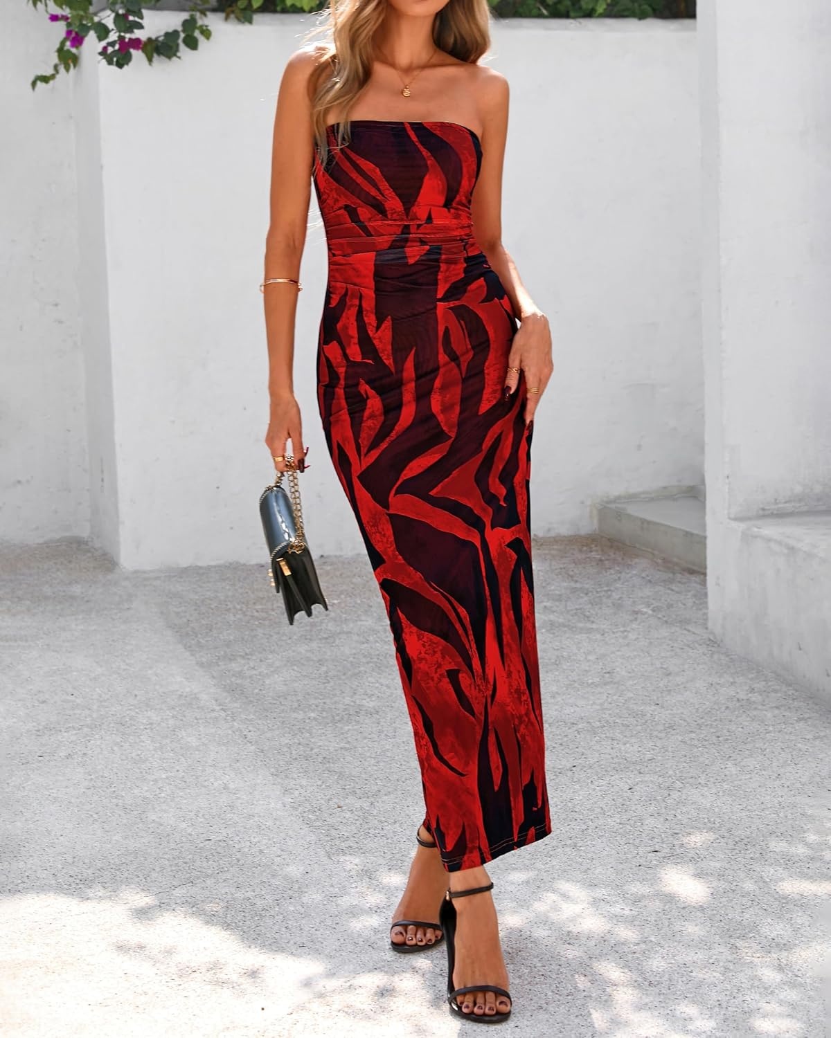 image:imageBTFBM Women Summer Strapless Maxi Dress 2026 Bodycon Floral Long Wedding Guest Dress Formal Tube Mesh Cocktail DressesFloral Red