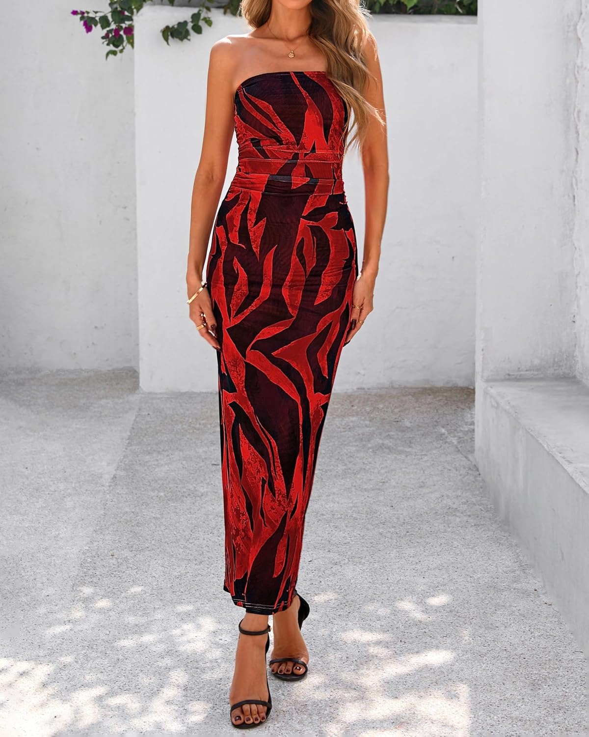 image:imageBTFBM Women Summer Strapless Maxi Dress 2026 Bodycon Floral Long Wedding Guest Dress Formal Tube Mesh Cocktail DressesFloral Red