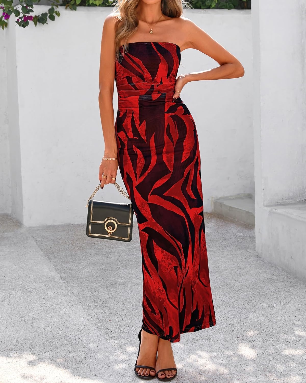 image:imageBTFBM Women Summer Strapless Maxi Dress 2026 Bodycon Floral Long Wedding Guest Dress Formal Tube Mesh Cocktail DressesFloral Red