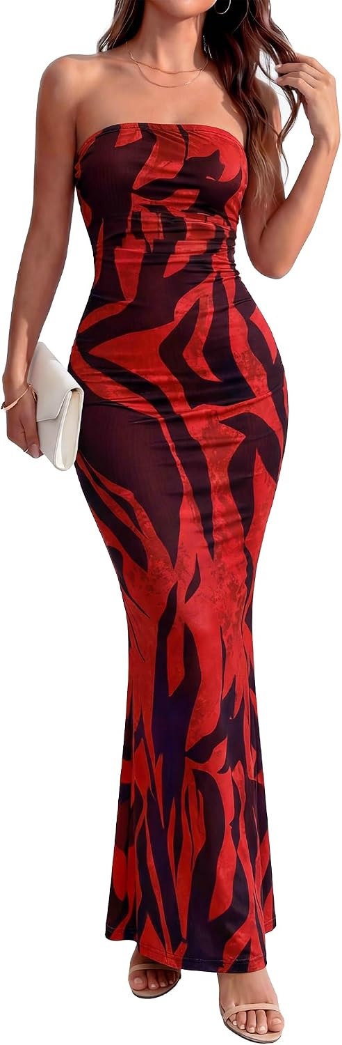 image:imageBTFBM Women Summer Strapless Maxi Dress 2026 Bodycon Floral Long Wedding Guest Dress Formal Tube Mesh Cocktail DressesFloral Red
