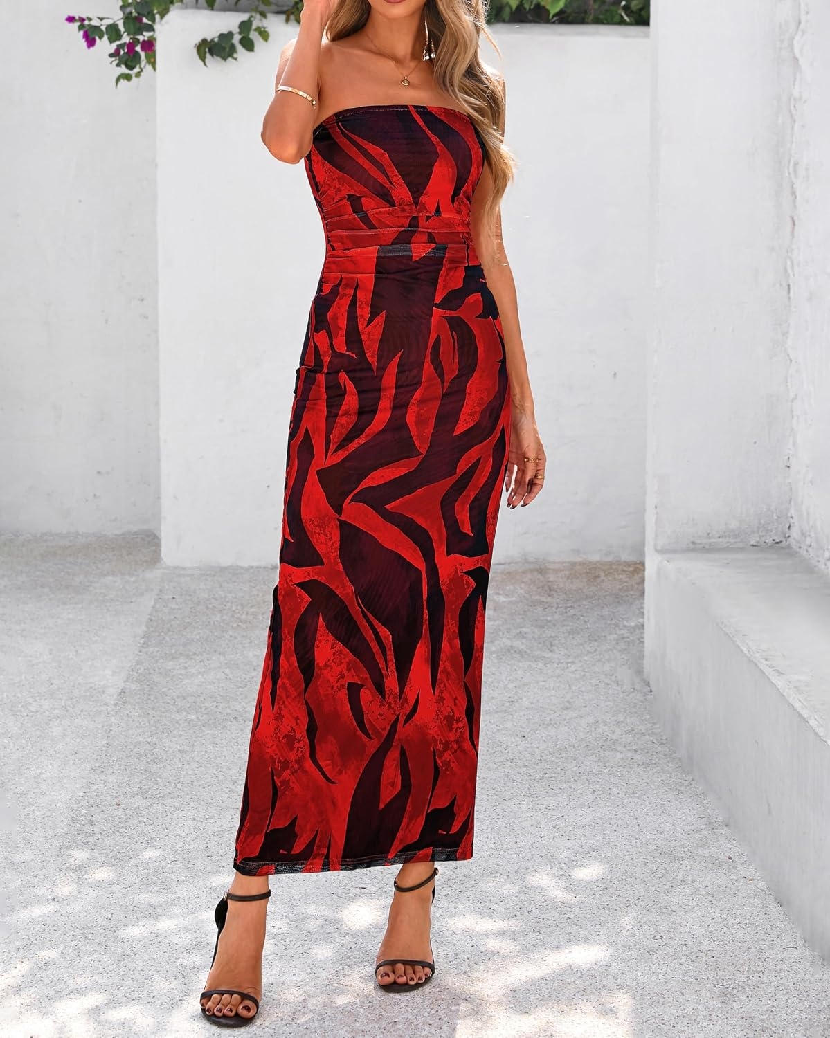 image:imageBTFBM Women Summer Strapless Maxi Dress 2026 Bodycon Floral Long Wedding Guest Dress Formal Tube Mesh Cocktail DressesFloral Red