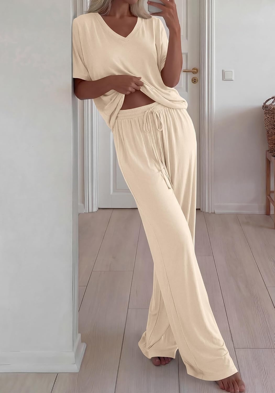 image:imageBTFBM Womens 2 Piece Outfits Casual Short Sleeve Lounge Set Summer Fashion 2026 Tracksuits Matching Sets Travel ClothesBeige