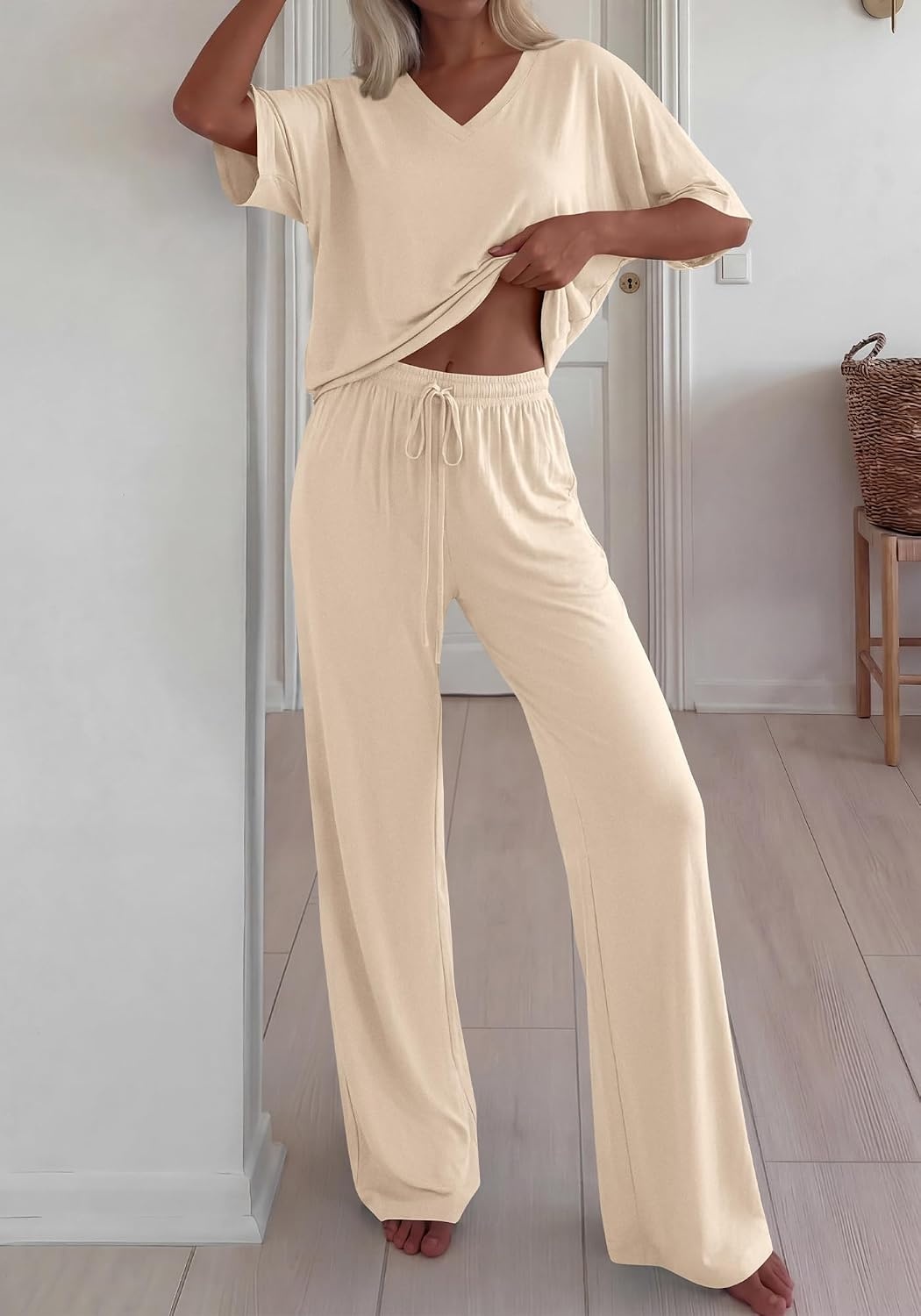 image:imageBTFBM Womens 2 Piece Outfits Casual Short Sleeve Lounge Set Summer Fashion 2026 Tracksuits Matching Sets Travel ClothesBeige