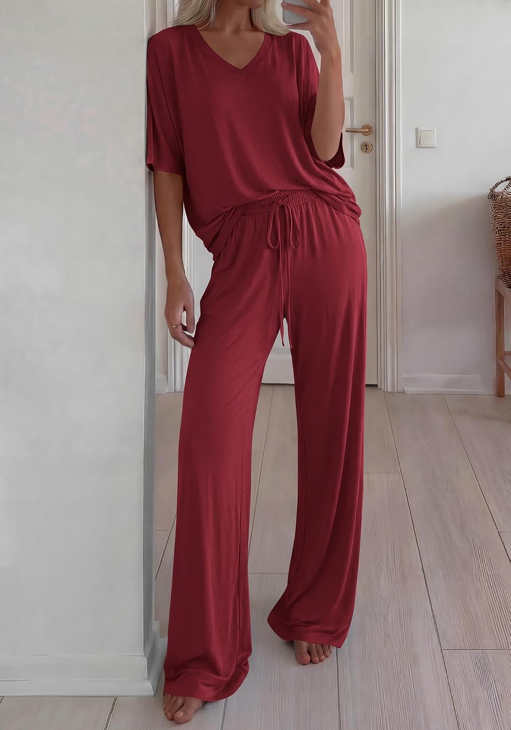 image:imageBTFBM Womens 2 Piece Outfits Casual Short Sleeve Lounge Set Summer Fashion 2026 Tracksuits Matching Sets Travel ClothesBurgundy