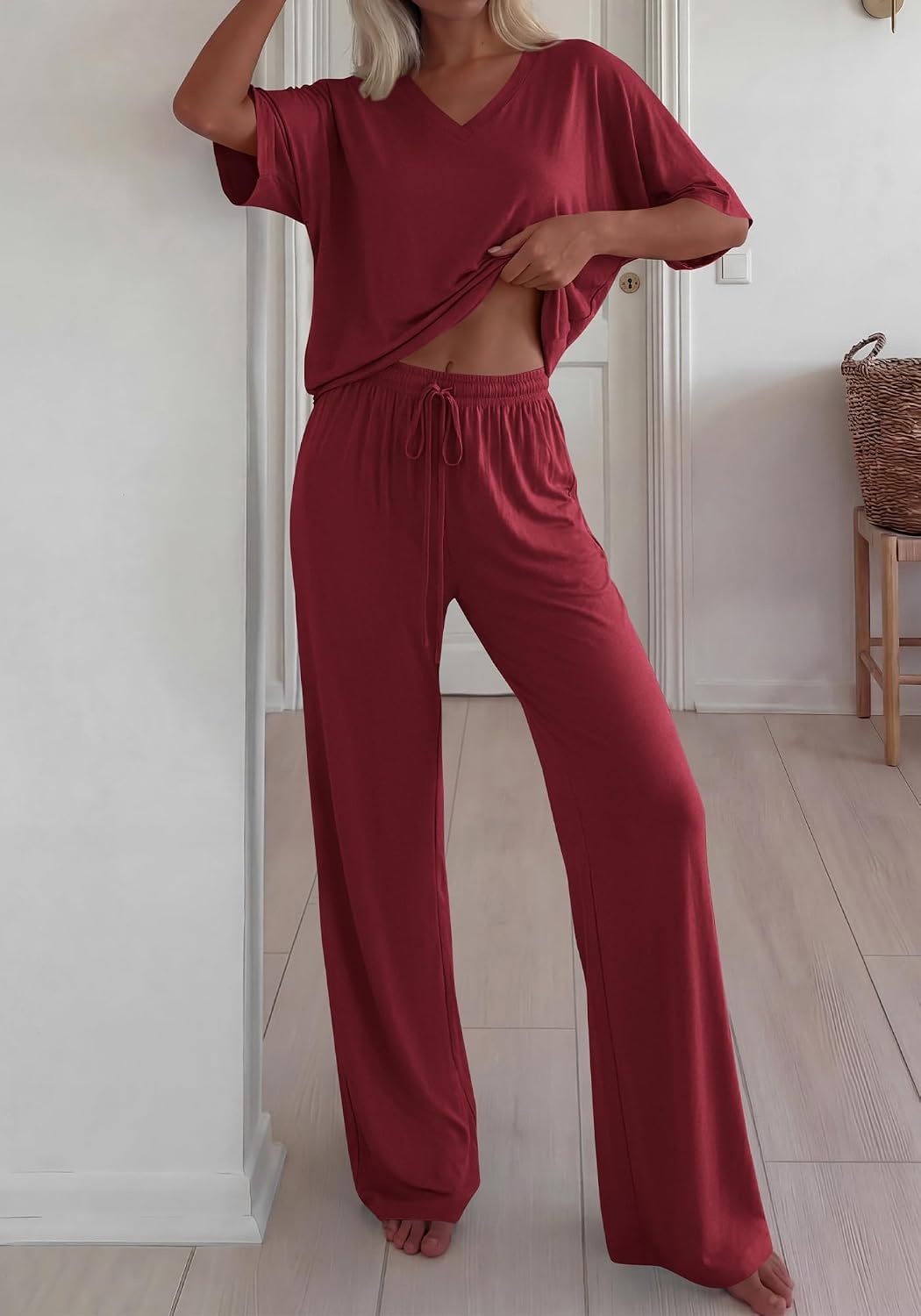 image:imageBTFBM Womens 2 Piece Outfits Casual Short Sleeve Lounge Set Summer Fashion 2026 Tracksuits Matching Sets Travel ClothesBurgundy
