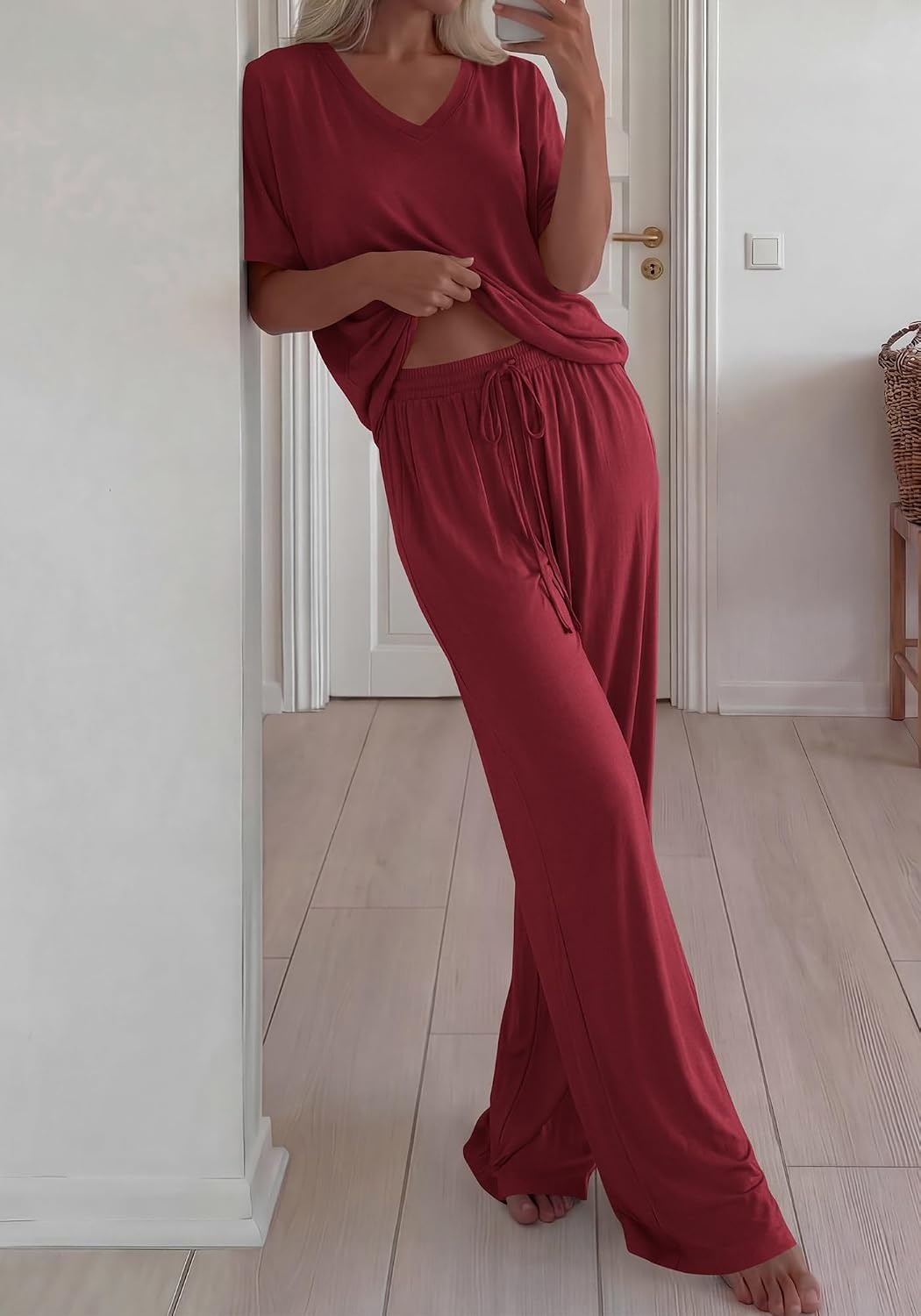 image:imageBTFBM Womens 2 Piece Outfits Casual Short Sleeve Lounge Set Summer Fashion 2026 Tracksuits Matching Sets Travel ClothesBurgundy