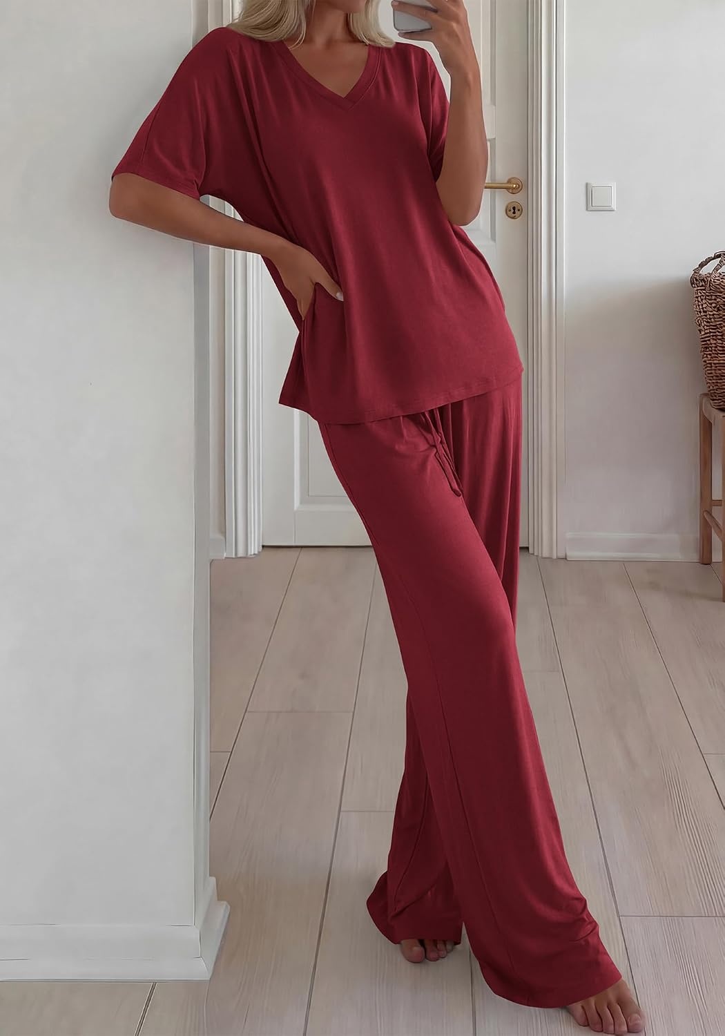 image:imageBTFBM Womens 2 Piece Outfits Casual Short Sleeve Lounge Set Summer Fashion 2026 Tracksuits Matching Sets Travel ClothesBurgundy