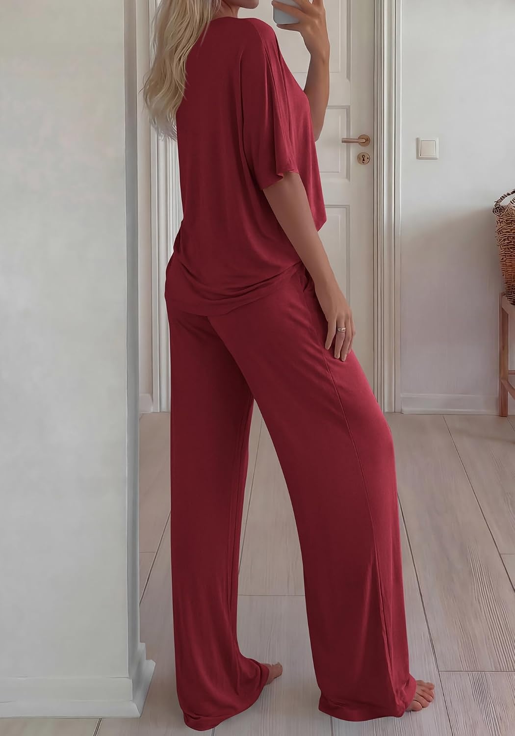 image:imageBTFBM Womens 2 Piece Outfits Casual Short Sleeve Lounge Set Summer Fashion 2026 Tracksuits Matching Sets Travel ClothesBurgundy