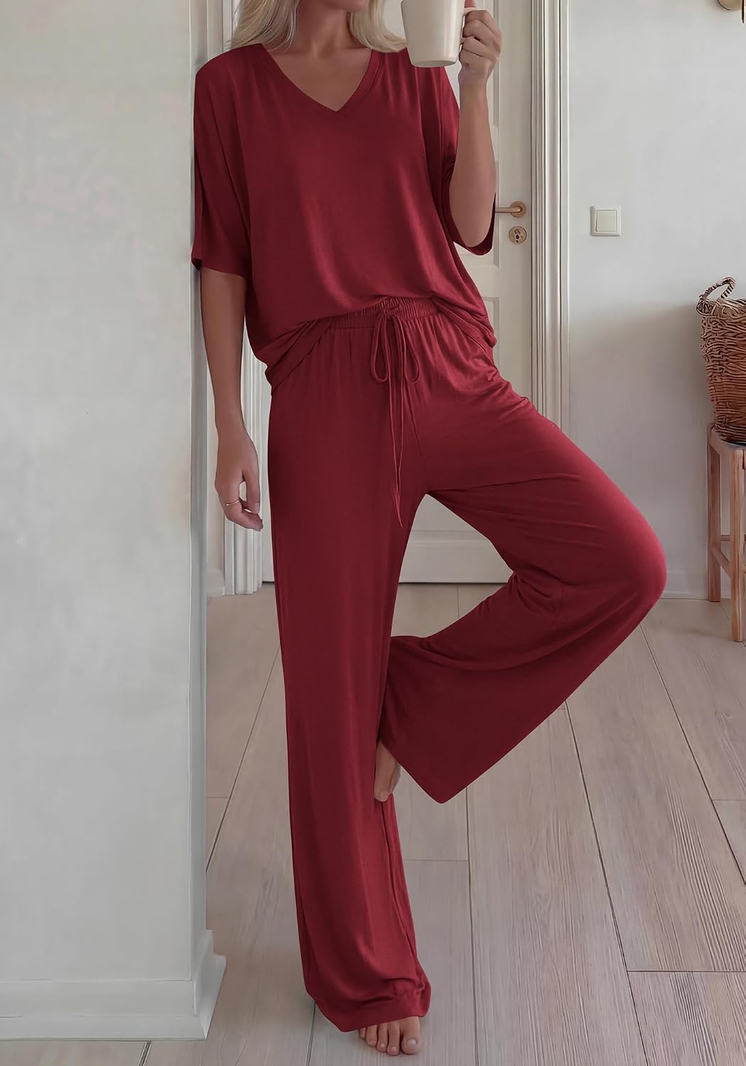 image:imageBTFBM Womens 2 Piece Outfits Casual Short Sleeve Lounge Set Summer Fashion 2026 Tracksuits Matching Sets Travel ClothesBurgundy