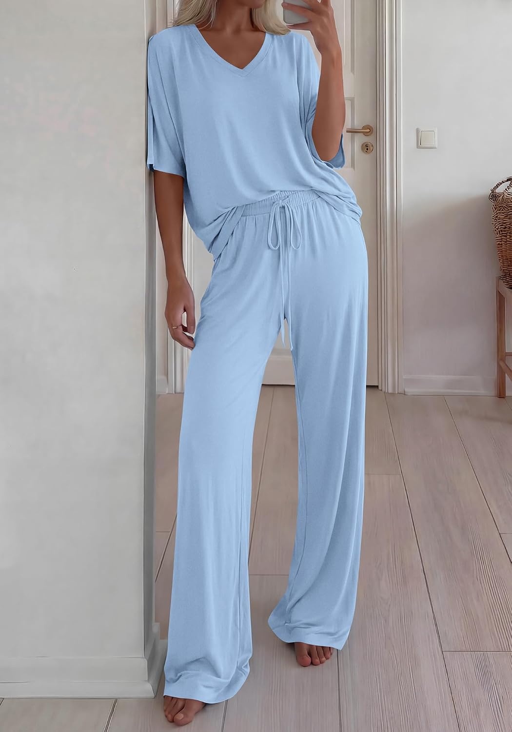 image:imageBTFBM Womens 2 Piece Outfits Casual Short Sleeve Lounge Set Summer Fashion 2026 Tracksuits Matching Sets Travel ClothesLight Blue