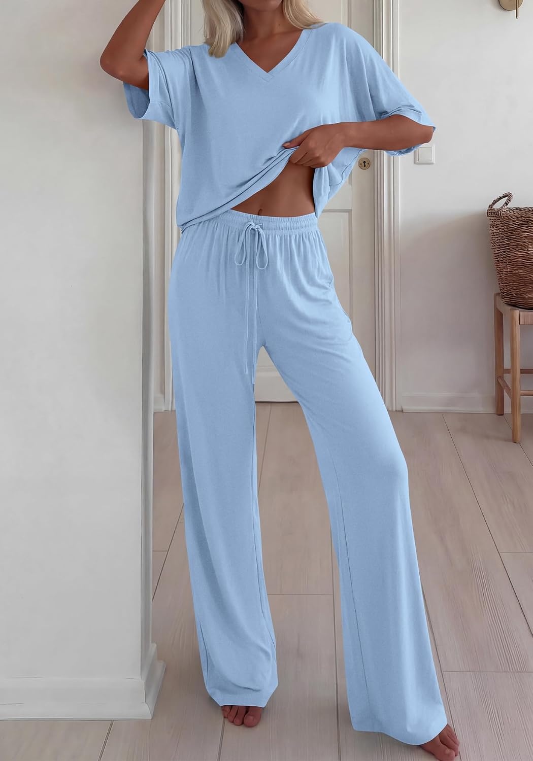 image:imageBTFBM Womens 2 Piece Outfits Casual Short Sleeve Lounge Set Summer Fashion 2026 Tracksuits Matching Sets Travel ClothesLight Blue