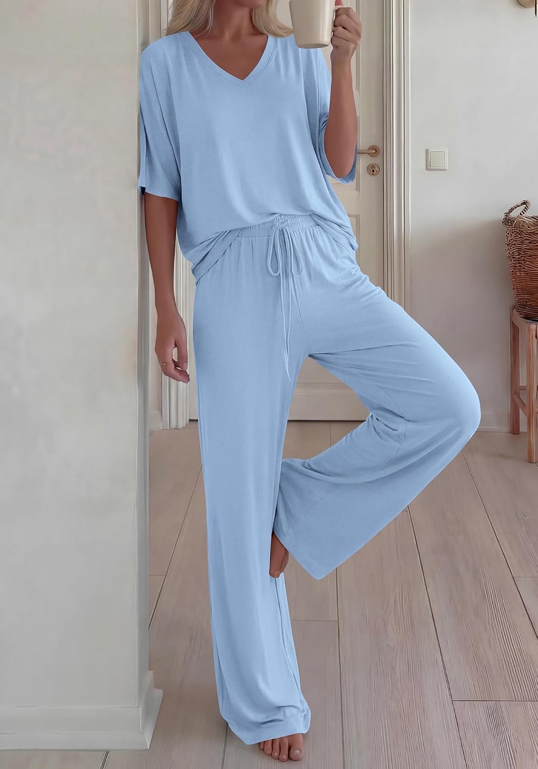 image:imageBTFBM Womens 2 Piece Outfits Casual Short Sleeve Lounge Set Summer Fashion 2026 Tracksuits Matching Sets Travel ClothesLight Blue