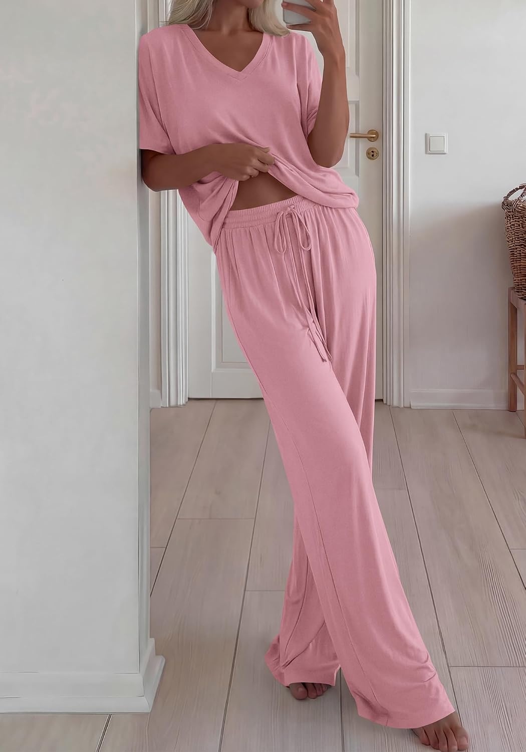 image:imageBTFBM Womens 2 Piece Outfits Casual Short Sleeve Lounge Set Summer Fashion 2026 Tracksuits Matching Sets Travel ClothesPink