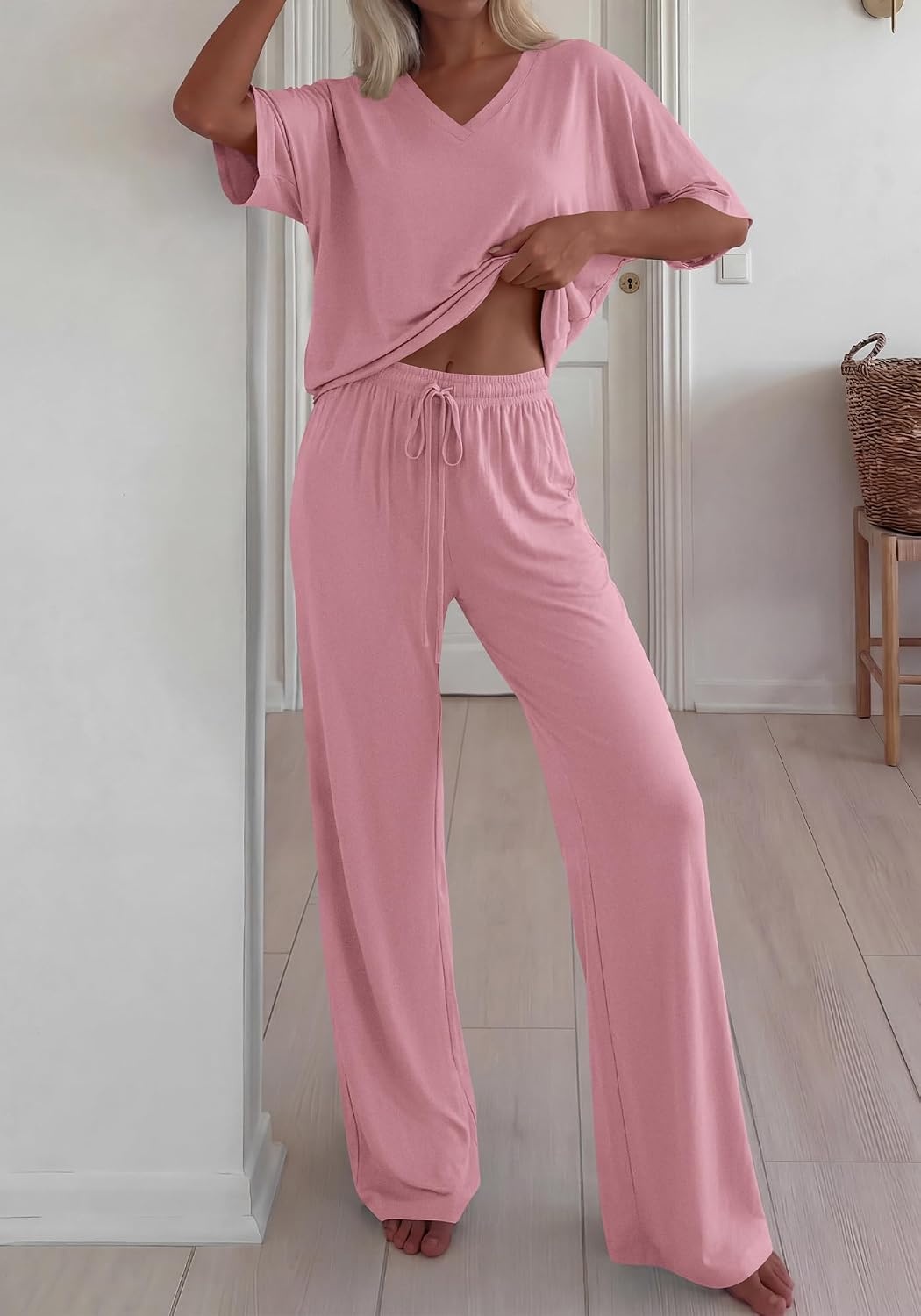 image:imageBTFBM Womens 2 Piece Outfits Casual Short Sleeve Lounge Set Summer Fashion 2026 Tracksuits Matching Sets Travel ClothesPink