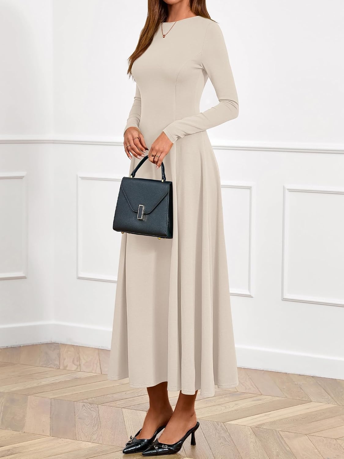 image:imageBTFBM Womens Long Sleeve A Line Maxi Wedding Guest DressesBeige