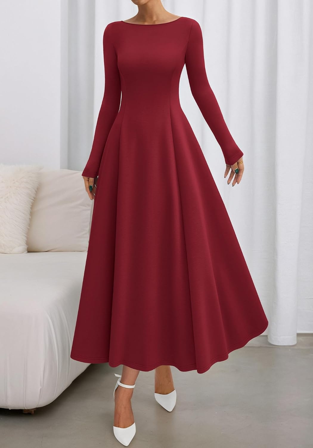 image:imageBTFBM Womens Long Sleeve A Line Maxi Wedding Guest DressesBurgundy