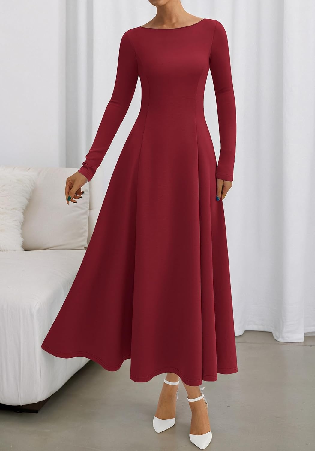image:imageBTFBM Womens Long Sleeve A Line Maxi Wedding Guest DressesBurgundy