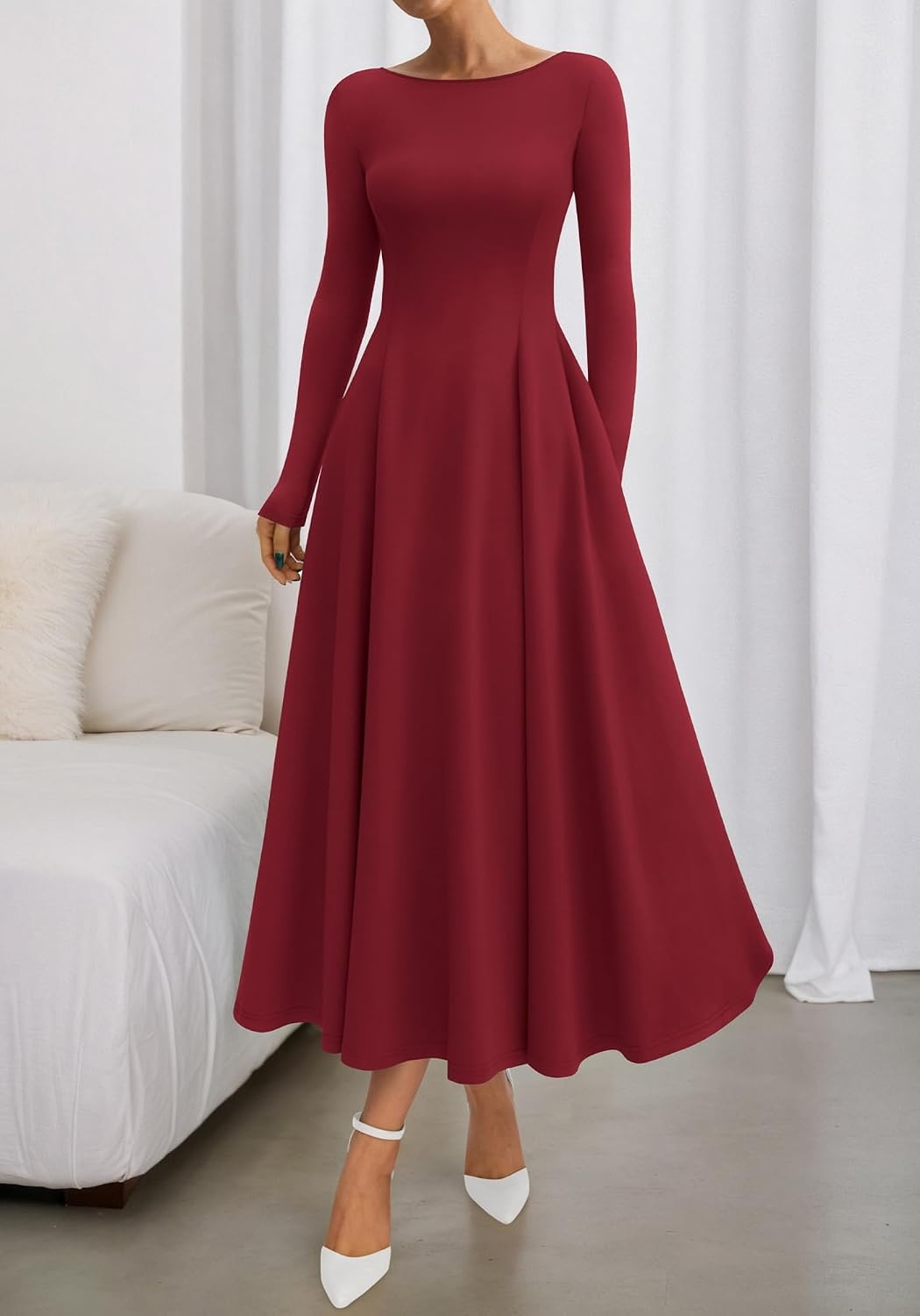 image:imageBTFBM Womens Long Sleeve A Line Maxi Wedding Guest DressesBurgundy