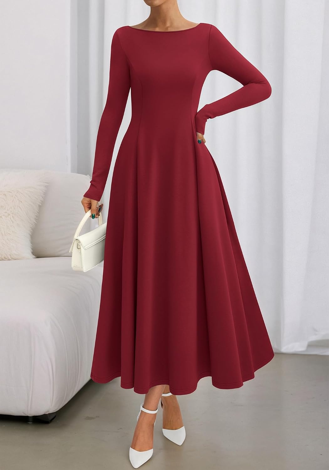 image:imageBTFBM Womens Long Sleeve A Line Maxi Wedding Guest DressesBurgundy