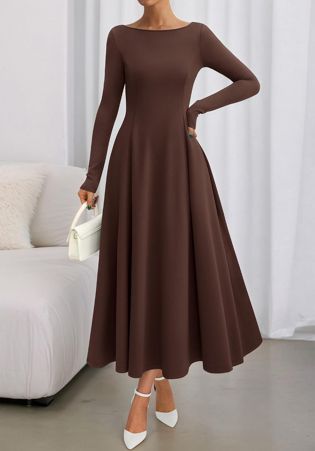 image:imageBTFBM Womens Long Sleeve A Line Maxi Wedding Guest DressesDark Brown