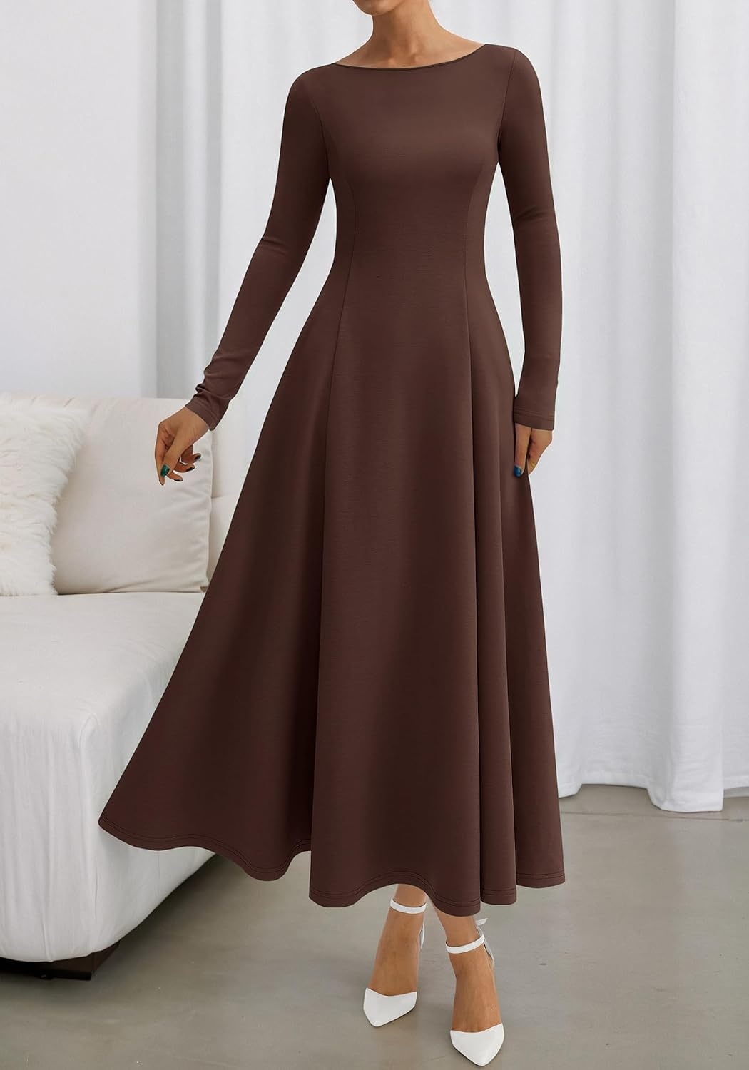 image:imageBTFBM Womens Long Sleeve A Line Maxi Wedding Guest DressesDark Brown